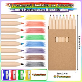 Sheryl&Rain 16 Box Colouring Pencils Set, Small, 8 Colours, Mini Pencils, Children's Party Bags & 4 Sharpeners, 128 Wooden Pencils, Colouring Pencils, Children's Set for Children's Gifts, Party Bags