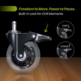 Office Chair Wheel Replacement with Brake - 3″ Heavy Duty Caster Locking Wheel for Desk Chairs, Smooth Rolling Chair Caster, Safe for Hard Floors and Low Carpets,Universal Fit (1 pc, Clear)