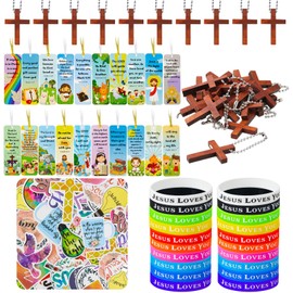 Cholemy 160 Pcs Christian Party Favors Include 100 Christian Stickers, 20 Silicone Wristbands, 20 Bible Verse Bookmarks, 20 Keychain Bulk for Sunday School Prizes Religious Gift(Cross Style)