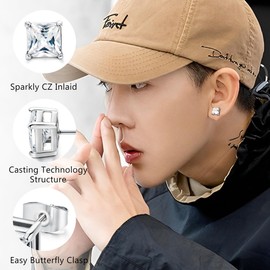 BESTEEL 2 Pairs Hypoallergenic Cubic Zirconia Black Stud Earrings for Men Women 316L Stainless Steel Square Round CZ Mens Earrings Studs Jewelry Set for Sensitive Ears 3-8MM Silver 6mm