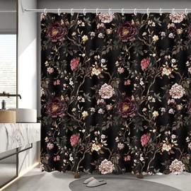 MEHOFOND Black Floral Shower Curtain Retro Flower Rustic Peony Shower Curtain for Bathroom Cottagecore Plant Leaves Boho Home Bathtub Decor Fabric Waterproof Bath Curtain with 12 Hooks 72x72 Inch