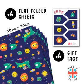 Navy Blue Wrapping Paper - 6 Sheets Of Birthday Gift Wrap For Kids Boys Girls - Party Animals And Doodles - Crocodile Frog Lion - Comes With Stickers - Recyclable - By Central 23