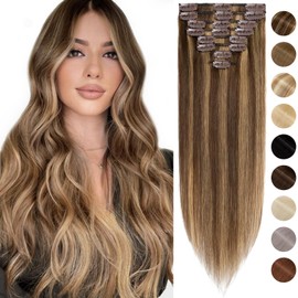 Silk-co Hair Extensions Clip in Hair Extension Human Hair (24"-80g, 4/27 Medium Brown&Dark Blonde) Highlighted -Basic Thickness-Thin Weft- 8 PCS Real Remy Straight Hair Extensions