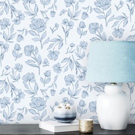HeloHo Wallpaper Floral Wall Paper Peel and Stick Modern Contact Paper Light Blue Self Adhesive Removable Decoral Bathroom Bedroom 17.3" X 78.7"