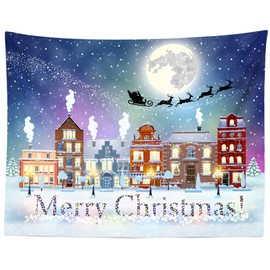 BELECO Merry Christmas Tapestry Wall Hanging Cartoon Xmas Night Village Snowfalls Santa Claus Reindeer Elf Art Wall Decor 106x70 Inch Christmas Party Decorations Bedroom Living Room Home Decor