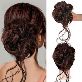Mtuihfo Messy Bun Hair Piece, Curly Wavy Hair Buns Hair Piece - Tousled Updo Fake Hair Bun - Synthetic Messy Bun Scrunchie Hairs Pieces for Women Girls (Dark Brown)
