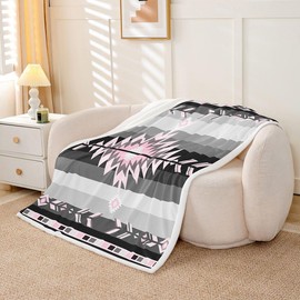 Southwest Native American Design Sherpa Blanket 40"x50" - Southwestern Geometric Fleece Throw for Kids, Boys, Girls - Tribal Pink Grey Black Plush Modern Art Fuzzy Decor