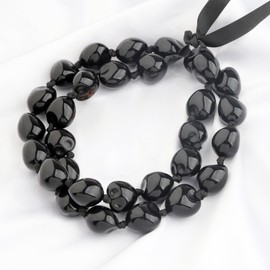 Hawaiian Kukui Nut Lei Necklace Graduation Leis Chunky Beaded Necklace with Ribbon Graduation Gifts for Her Him (Chunky Beaded Black)