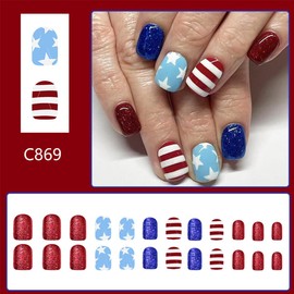 Independence Day Short Square Press on Nails 4th of July Red Blue Fake Nails with Star Full Cover Glue on Nails Patriotic 4th of July Acrylic Nails Glossy Design Artificial False Nails for Women 24Pcs