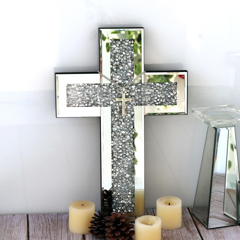 GIMORRTO Mirrored Cross Wall Decor - Crushed Diamond-Embedded Glass Mirror