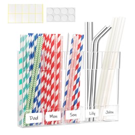 Celsisignis Acrylic Straw Holder for Cabinet, Straws Storage Container for Cupboard with Double Sided Adhesive and Stickers, Reusable Drinking Straws Dispenser for Kitchen Counter