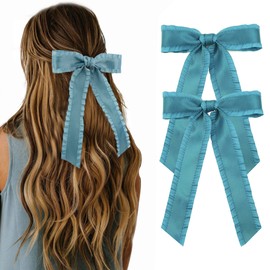 2PCS Hair Bows for Women Girls, Teal Bow for Hair Slides Metal Clips Cute Ruffled Edge Satin Ribbon Accessories for Toddlers Teens Kids