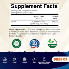 Vitamatic Folic Acid 5 mg (5000 mcg) – High Potency Vitamin B9 (Folate 8333 mcg DFE) – Supports Cellular, Heart & Prenatal Health – Non-GMO – 120 Vege