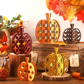Soaoo 5 Pieces Fall Decor Wooden Pumpkin Decor Fall Tiered Tray Decor Pumpkin Table Centerpiece Autumn Table Decorations Wood Pumpkin Block Sign for Thanksgiving Farmhouse Home Shelf Decor(Pumpkin)
