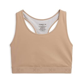 TomboyX Racerback Compression Bra Wireless Medium Support Top Smooth Flatlock Seams Full Coverage Athletic Bra- Large/Chai