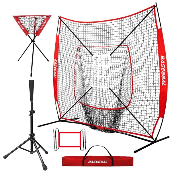 BaseGoal 7'×7' Baseball Softball Practice Net,Baseball Backstop,with Batting Tee,Ball Caddy,for