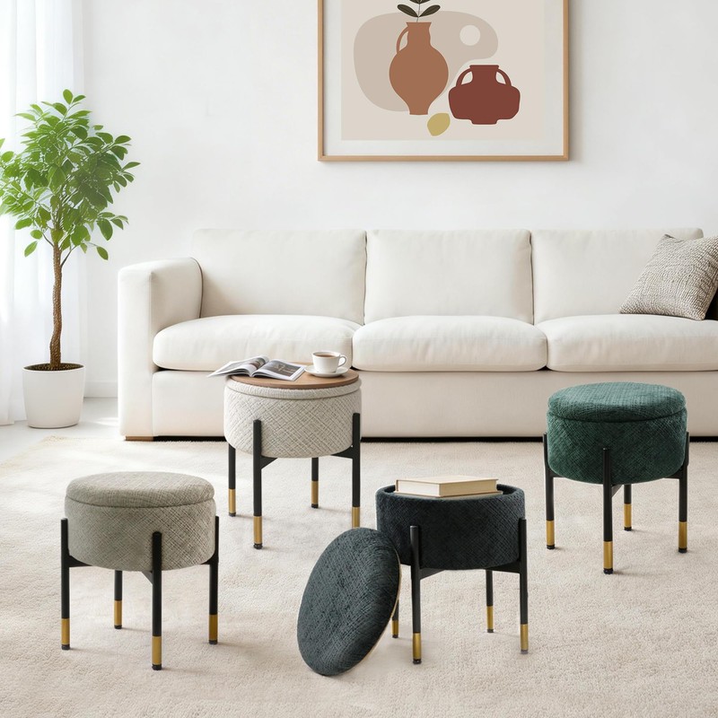 CAROLMADE Round Ottoman with Storage, Velvet Makeup Vanity Stool, Small