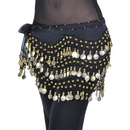 GSHLLO Sparkly Belly Dance Hip Scarf Chiffon Skirt Coin Dancing Skirt Bling Belly Dancer Costumes for Zumba Latin Black