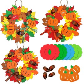 8Pcs Fall Pumpkin Autumn Wreath Craft Kits for Kids Autumn Decorations DIY Creative Foam Fall Harvest Party Window Decorations Craft with Pumpkin Leaf Acorn Maple Wreath Decor