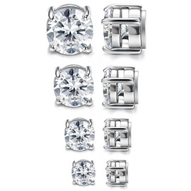 MILACOLATO 4 Pairs Stainless Steel Magnetic Stud Earrings for Men Women Round/Square CZ Inlaid Magnetic Earrings Non-Piercing CZ Clip On Stud Earring 3 Colors 4-7mm