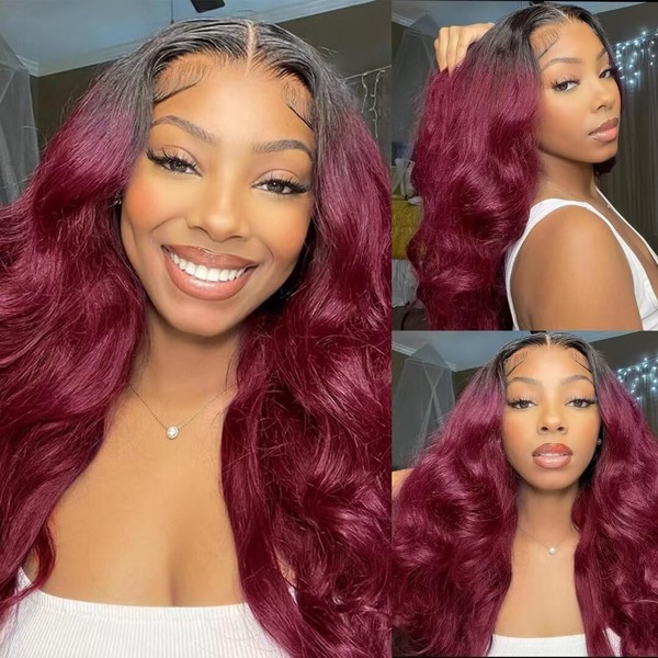 Real Hair Wig, Human Hair Wig for Women, 4x4 Transparent Lace Closure Wig, Body Wave, Glueless Wig, Burgundy Red Human Hair Wigs, Brazilian Human Hair Wig, 1B/99J Ombre Wigs, 24 Inches (6