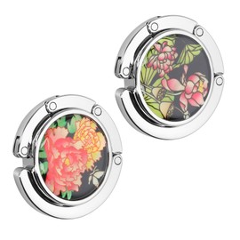 kwmobile Purse Hooks for Table - Set of 2 Portable Handbag Hook Foldable Bag Holder Purse Hangers for Tables with Design - Floral Handbag Hook Pink/Yellow/Green