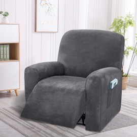 Stretch Velvet Recliner Chair Covers, 4 Pieces Lazy Boy Recliner Slipcover for Home Theater Seating with Side Pocket, 1 Seat Reclining Sofa, Thick & Soft, Machine Washable (Grey)