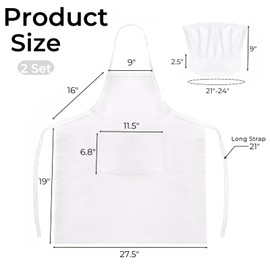 YIMITEE 2 Pack Chef Apron Hat Set, Kitchen Cooking Bib Apron with 2 Pockets, Baker Costume for Men Women Adults, White Painting Aprons for Cooking Baking Crafting Grilling Classroom Party Activity