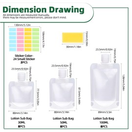 Keadic 26Pcs Refillable Travel Pouches, 30/50/100ml Stand Up Pouch Empty Squeeze Containers Portable Leakproof Cosmetic Pouch Squeezable Makeup Bag for Shampoo Conditioner Lotion Soap Liquids