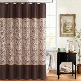 DS BATH Brown Fabric Shower Curtain, Vintage Tan and Gold Damask Print Shower Curtain, Waterproof Farmhouse Decorative Bathroom Curtain, 72" W x 72" H
