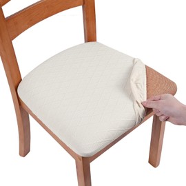 smiry Stretch Chair Seat Covers for Dining Room, Jacquard Dining Chair Seat Protectors Removable Washable Chair Slipcovers, Set of 4, Beige