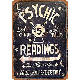 Metal Tin Sign For Psychic Readings $5 Tarot Cards Crystal Balls - Vintage Wall Decor Art 12 x 8 Inches