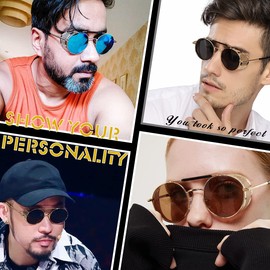 XFentech Unisex Sunglasses - Steampunk Style Round Vintage Polarised Sunglasses Retro Glasses UV400 Protection Metal Frame, A1 Gold Frame - Black Lenses