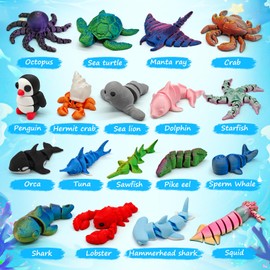 CHolic 18Pcs 3D Printed Ocean Animal Figures Set, Marine Animal Toys Fidget Articulated Flexible Toy for Party Favors Birthday Gifts Office Desktop Home Decoration
