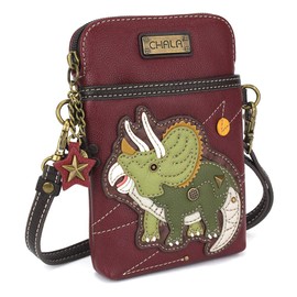 CHALA Cell Phone Crossbody Purse-Women PU Leather/Canvas Multicolor Handbag with Adjustable Strap - Triceratops - maroon