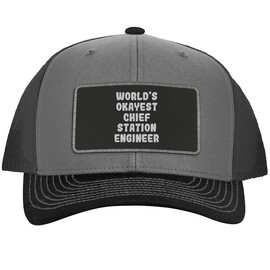 World's Okayest Chief Station Engineer - Leather Black Patch Engraved Trucker Hat, Grey-Steel, One Size
