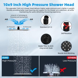 Hibbent All Metal Rain Filtered Shower Head, 10'' High Pressure Rainfall Showerhead with 16" Shower Head Extension Arm, 20 Stage Shower Filter, Solid Brass Adjustable Shower Arm Extender, Matte Black