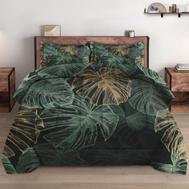 WeCozy Twin Size Comforter Set with Pillowcase, Green Tropical Leaves 2 Pcs Bedding for Kids and Adults, Monstera Palm Leaf Soft Comforter Set for Bedroom Bed Decor