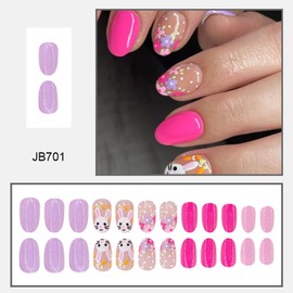 24Pcs Easter Press on Nails Bunny Fake Nails Almond Shape Glue on Nails Cute False Nails with Rabbit Flower Design Acrylic Nails Spring Carrots Artificial Nails Full Cover Stick on Nails for Women