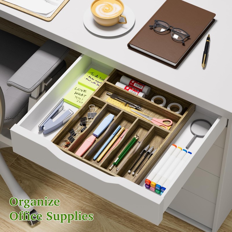 Kiasthome Acacia Wood Silverware Drawer Organizer, Kitchen Utensil Cutlery Drawer