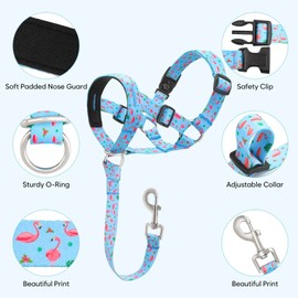 Ezierfy Dog Head Collar, Printed No-Pull Headcollar, Adjustable Dog Head Halter Gentle Lead with Safety Link, 3 Colors Muzzle Leash for Small Medium Large X-Large Dogs Easy Walks (Medium, Flamingo)