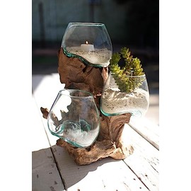 KALALOU DWA1007 Three Blown Glass Bowls On A Driftwood Base