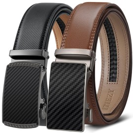 Mens Ratchet Belt, ITIEZY Genuine Leather Dress Belts 2 Pack with Slide Automatic Buckle in Gift Box