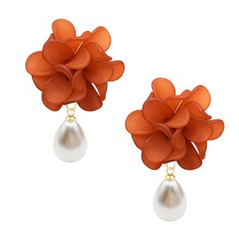 Seakuur Boho Flower Floral Petal Pearl Drop Dangle Earrings Studs Layered Tiered for Women Chic Boho Wedding Jewelry (Brown)