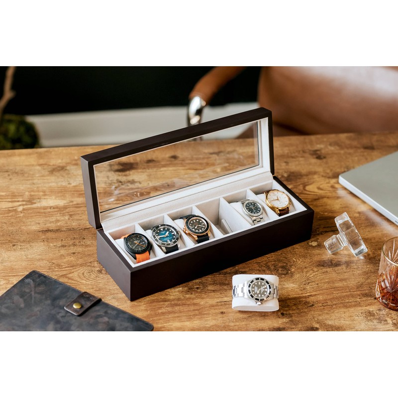 CASE ELEGANCE Solid Espresso Wood Watch Box Organizer with Glass