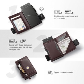 VULKIT Card Holder Bifold Pop Up Leather Wallet for Men RFID Blocking Metal Card Case, Hold 9 Cards and Banknotes, with ID Card Slot Window and Zipper Coin Pocket (Espresso)