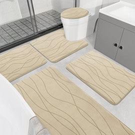 YIHOUSE Memory Foam Bathroom Rug Sets 5 Piece, Ultra Absorbent Bath Mat for Bathroom - Non-Slip Machine Washable & Dry Quickly, 5 Piece Bathroom Mat Set,Khaki