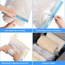 BIKBOK Travel Compression Bags,6 Pack Space Saver Bags,Roll Up Space Saver Bags for Travel,Travel Compression Bags for Packing & Clothes, No Pump or Vacuum Needed (35x50cm)