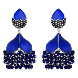 Aheli Blue Color Enamel Jhumki Jhumka Pearl Dangle Earrings Indian Ethnic Wedding Party Fashion Statement Jewelry Gift for Women