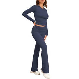 Famulily Two Piece Flare Pants Set For Women Skims Dupe Cropped Top Yoga Sets Fold-over Long Sleeve Crop Top Navy S